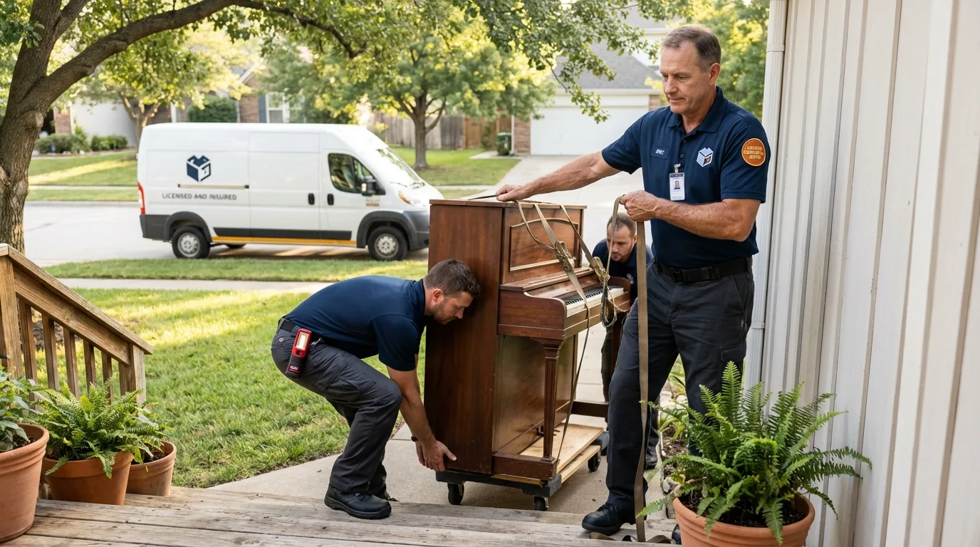 Licensed piano movers securing grand piano in Butler, GA