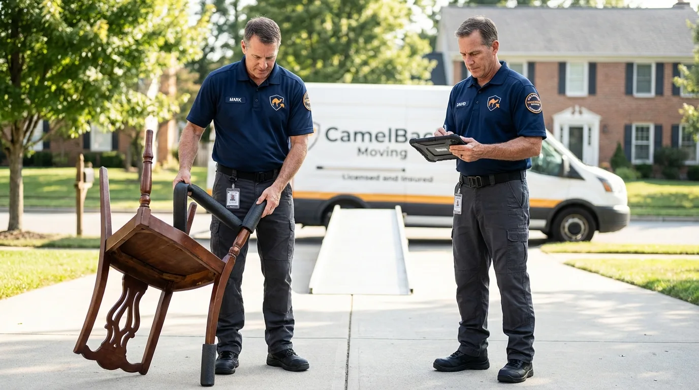 Movers inspecting furniture for damage prevention before loading in Butler, GA