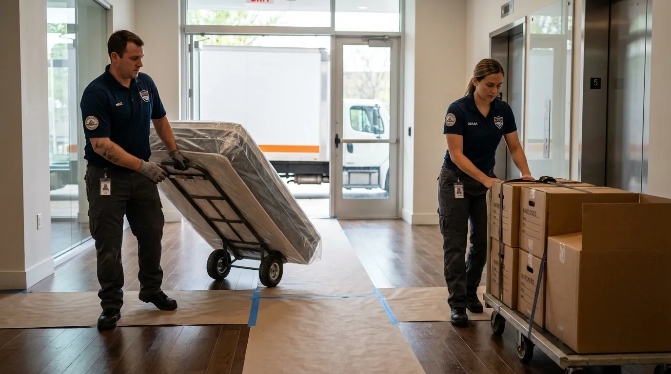 Professional apartment movers loading elevator in Butler, GA